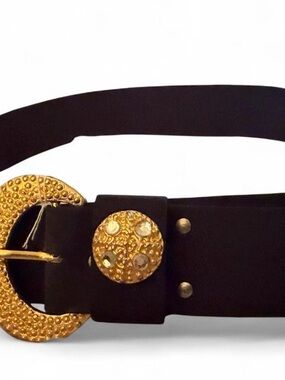 80s True Vintage Century Black Fabric Belt with Gold Nugget/Rhinestone